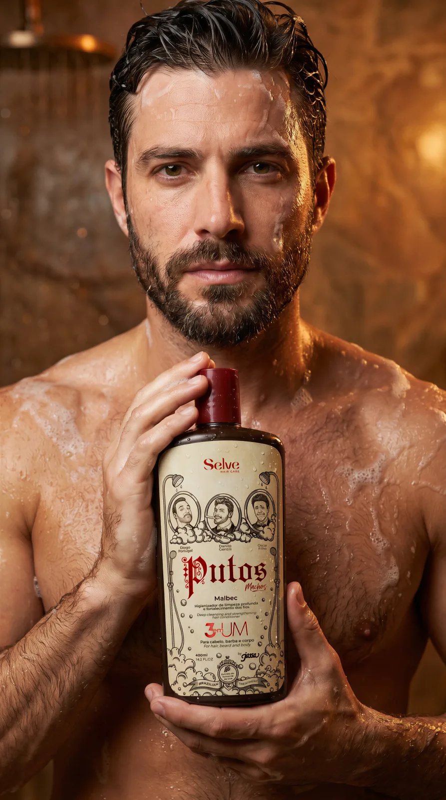 Homem lavando o cabelo com o shampoo 3 em 1 Putos Machos